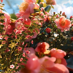 Wall Mural - blooming wildflowers beautiful hip roses bush on beach blue sky bee on flowers but nature landscape