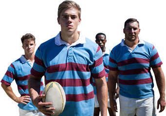 Poster - digital png photo of diverse male rugby players with rugby ball on transparent background