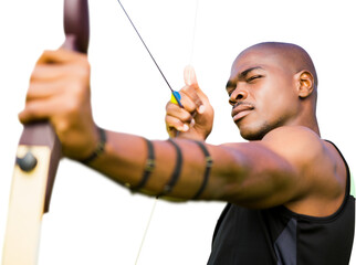 Poster - Digital png photo of biracial male archer holding bow and arrow on transparent background