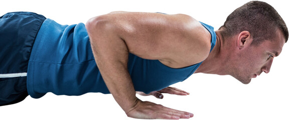 Poster - Digital png photo of caucasian man doing push ups on transparent background