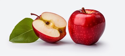 Wall Mural - Apples harvest food fruits background - Closeup of red ripe whole and sliced ​​half apple with leaf, isolated on white backgound (Generative Ai)