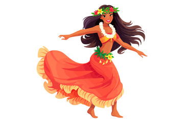 Wall Mural - Hawaiian Woman Character with Lei Garland or Wreath Hula Dancing . Flat graphic vector illustrations isolated on white background