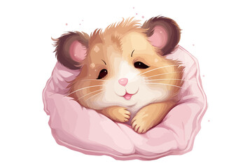 Poster - Cute Hamster Character with Stout Body Lying and Sleeping on Pink Pillow. Flat graphic vector illustrations isolated on white background