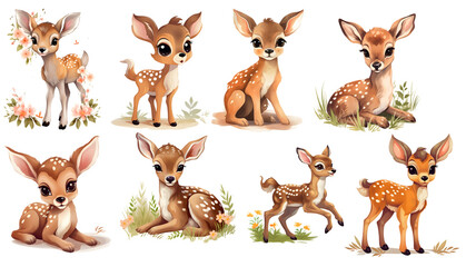  set of cute Deer Fawn isolated Clipart, Illustration, generated ai