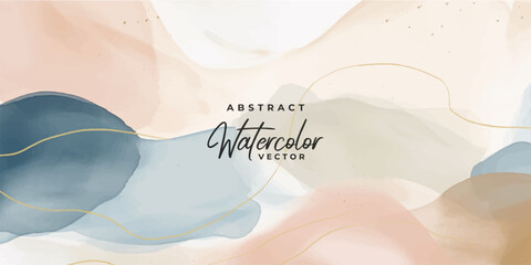 Wall Mural - watercolor art background vector. wallpaper design with paint brush and gold line art. earth tone bl