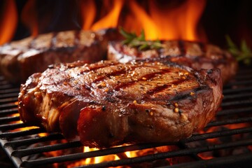 Poster - beef ribeye steak grilling on flaming grill