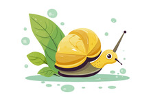 A Cute Snail Crawls On A Leaf On A Rainy Day. Flat Graphic Vector Illustrations Isolated On White Background
