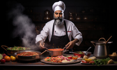 cooking, profession and people concept - happy male indian chef in toque with crossed arms over restaurant kitchen background