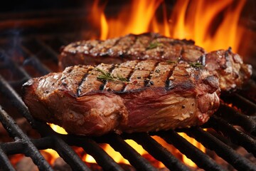 Poster - beef ribeye steak grilling on flaming grill