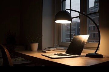 A table lamp is placed at the side of a laptop computer that is resting on top of a wooden floor. Generative AI