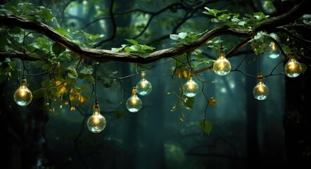 Wall Mural - Light bulbs on tree in dark forest. New ideas and creativity. Christmas background. Blurred lights on bokeh green background. Copy space for seasonal greetings. Lawn and Garden Month or Gareden week