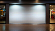 White Roller Shutter Door Closed Security In Modern House. Close Up.