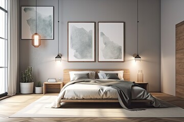 A modern home's master bedroom's corner. Large double bed, window, and two floor lamps are all present. On the wall, there are three posters. a mockup. Generative AI