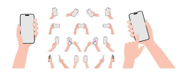 Poster - A hand is holding a smart phone both horizontally and vertically, with a blank screen displayed. The cell phone is being operated using a finger to touch the blank white screen display, Vector.