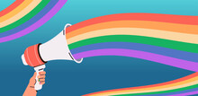 Human Hand Holding Loudspeaker Megaphone With Lgbt Rainbow Flag Gay Lesbian Love Parade Pride Festival Transgender Love