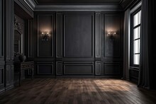 A Wood Floor And A Modern Classic Black Interior Wall With Moldings, Curtains, And A Hidden Entrance. Mock Up For An Illustration. Generative AI