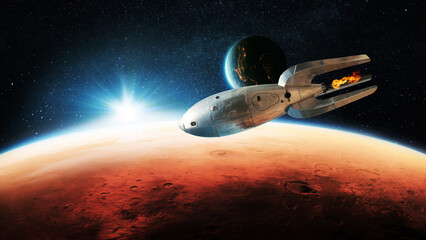 Aufkleber - Vintage metal rocket ship flies to the red planet mars with sun rays and blue planet earth. Journey to Mars, creative idea. Space exploration, concept