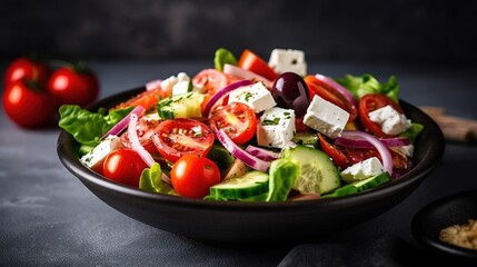 Greek salad with fresh vegetables, feta cheese and kalamata olives. Healthy food Generative AI