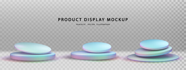 Hologram podium set. Futuristic stage for product presentation. Abstract cyber 3d neon round scene. Vector illustration.