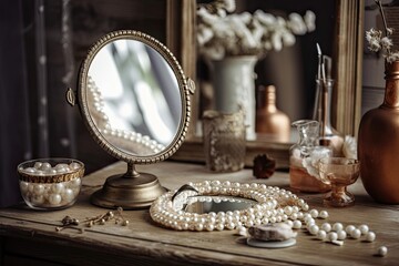 a wooden table with a white vintage mirror and pearls in the background. For mockups, a photo montage may be used. Generative AI