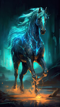 A Blue Light Glow Horse In The Dark Background.