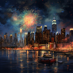 Wall Mural - NY with fireworks. Generative AI.