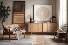 A Wooden Cabinet With A Fake Photo Frame Above It, A Shelf With An Abstract Modern Design, And An Interior Decorated In A Scandinavian Style With Natural Materials. Generative AI