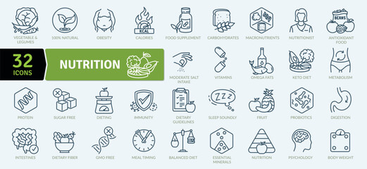 nutrition and healthy eating icon pack. collection of thin line icons that support digital navigatio