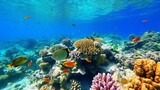 Fototapeta Do akwarium - Beautiful coral reef with colorful tropical fish in the water.  Vivid Underwater world with corals and tropical fish.