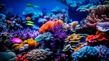 Fototapeta Do akwarium - Colorful tropical coral reef with fish. Vivid multicolored corals in the sea aquarium. Beautiful Underwater world. Vibrant colors of coral reefs under bright neon purple light. AI generated 