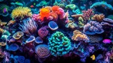 Fototapeta Fototapety do akwarium - Colorful tropical coral reef with fish. Vivid multicolored corals in the sea aquarium. Beautiful Underwater world. Vibrant colors of coral reefs under bright neon purple light. 