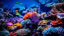 Colorful Tropical Coral Reef With Fish. Vivid Multicolored Corals In The Sea Aquarium. Beautiful Underwater World. Vibrant Colors Of Coral Reefs Under Bright Neon Purple Light. AI Generated 