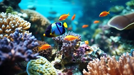 Wall Mural - Beautiful coral reef with colorful tropical fish in the water.  Vivid Underwater world with corals and tropical fish.