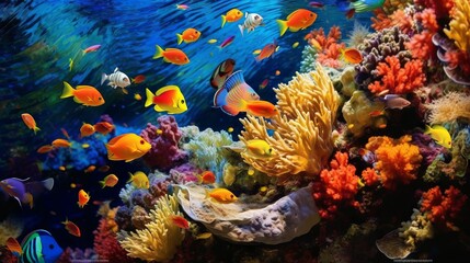 Wall Mural - Tropical fish and coral reef in the Red Sea. Egypt. Colorful tropical coral reef with fish.  Beautiful Underwater world. Vibrant colors of coral reefs under bright  light. AI generated illustration