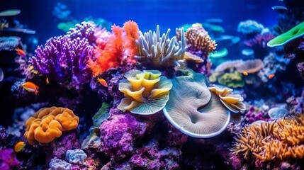 Wall Mural - Colorful tropical coral reef with fish. Vivid multicolored corals in the sea aquarium. Beautiful Underwater world. Vibrant colors of coral reefs under bright neon purple light. AI generated 