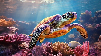 Wall Mural - Sea turtle swimming in the ocean among colorful coral reef.  Underwater world. Hawaiian Green sea turtle swimming in coral reef.  Beautiful Underwater world. Marine life.  3d render illustration..