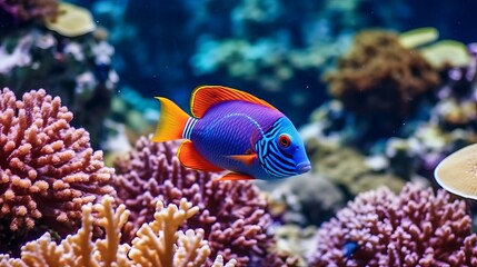 Wall Mural - Tropical fish in the Red Sea. Egypt. Colorful coral reef with tropical fish in the ocean. Underwater world. AI generated illustration. Closeup multicolored tropical fish in crystal clear azure water