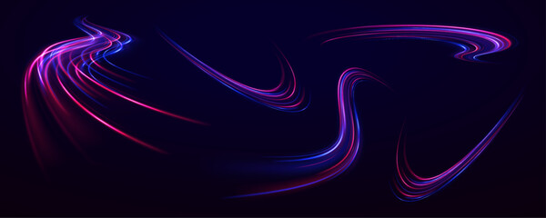 Abstract neon light motorway background. Magic bright shine glow of energy lines, shiny swirl power waves flow, electric trail glowing in dark background