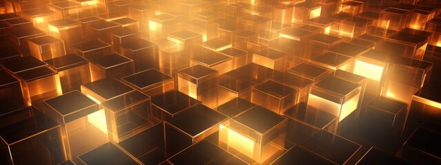 Abstract geometric technology metallic gold 3d room texture floor with squares and square cubes background banner illustration with glowing lights, textured metal wallpaper (Generative Ai)