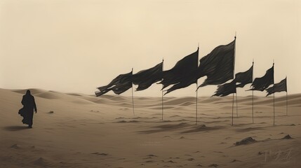 Wall Mural - Muharram al haram black flags flying in the desert