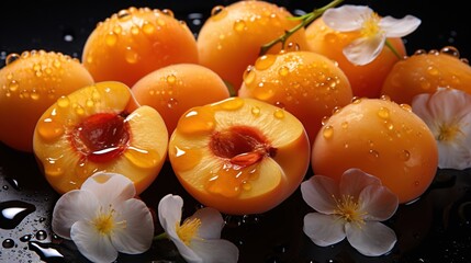 Wall Mural - Generative AI, bright slice of juicy ripe apricot and water drops, macro of summer fruit