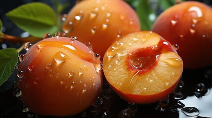 Wall Mural - Generative AI, bright slice of juicy ripe apricot and water drops, macro of summer fruit