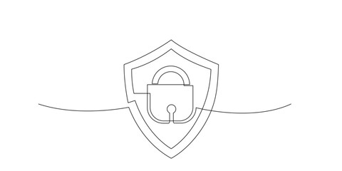 Padlock and shield in continuous single line drawing style. One line drawing of lock. Drawing of security protection symbol. Sigh for concept of information internet, business protection, cyber safety