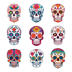 Wall Mural - Hand drawn flat dia de muertos skulls collection, Decorated mexican skulls 