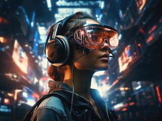 Woman wearing a VR headset, futuristic virtual world, digital art illustration and colorful. Generative AI