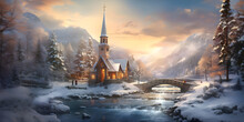Beautiful Snowy Winter Scenery Or Morning In Rural Area With Church, Frozen River, Mountains And Trees. Vintage Christmas Greeting Card. 