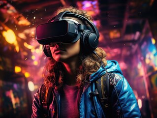 Wall Mural - Woman wearing a VR headset, futuristic virtual world, digital art illustration and colorful, neon light in the background. Generative AI