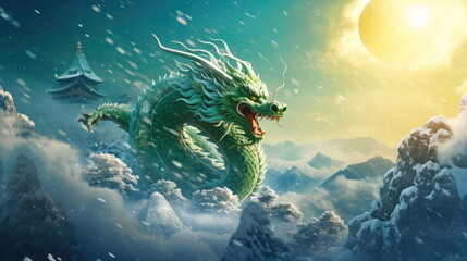 Traditional Asian dragon flying through clouds, sun, snow background.  2024 Chinese new year dragon. Asian traditional symbol of the year. Generative AI