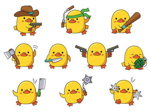 Set of illustrations with dangerous cute ducks. With different weapons. Vector graphic.