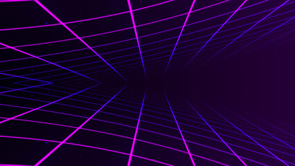 Poster - Abstract retro synthwave grid loop animation background 3d render. Looping grid motion design with particles moving away from the screen. 3d render.